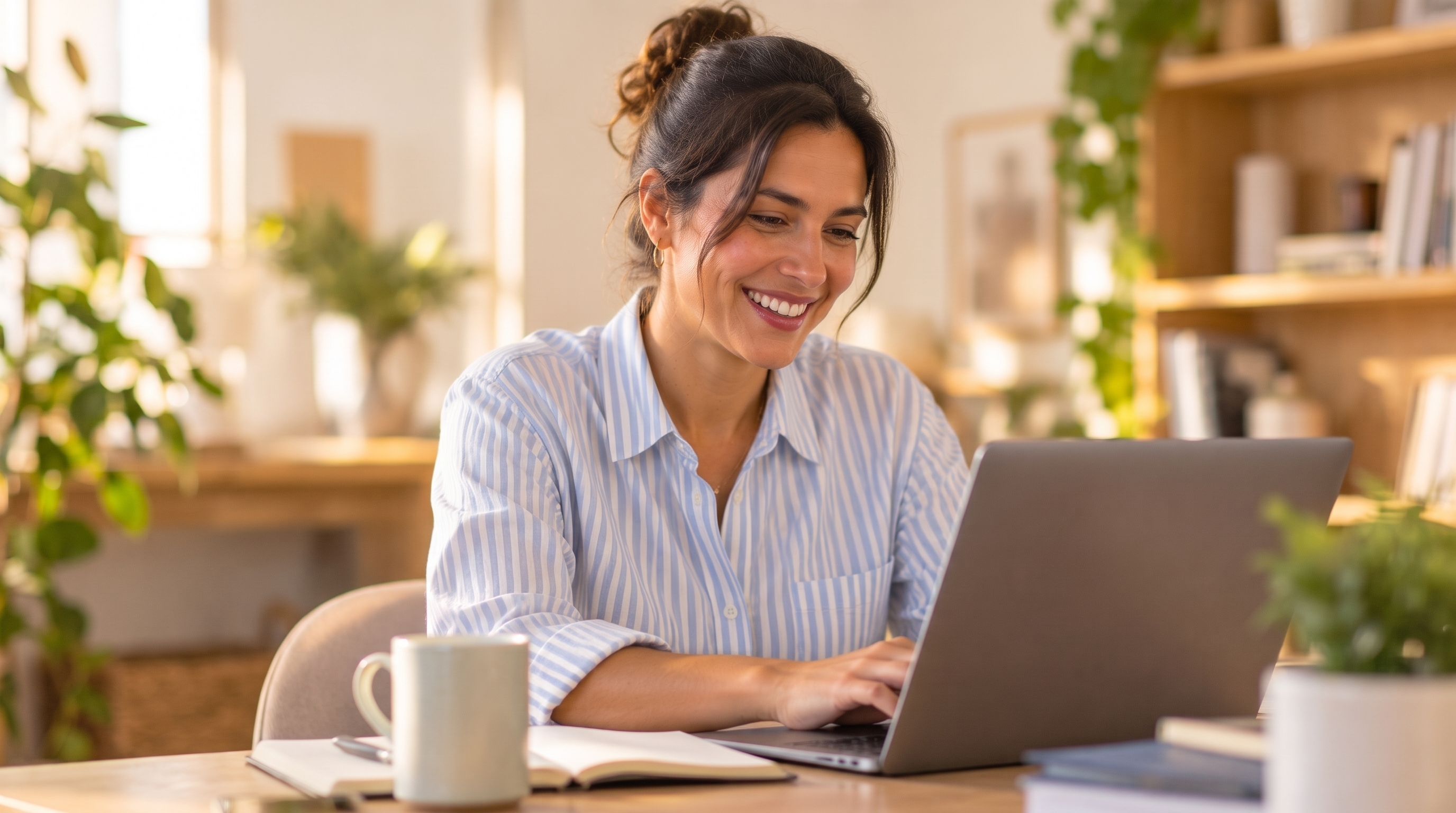 Mujer sonriendo frente a su computador, con una taza y un cuaderno sobre la mesa de una oficina luminosa