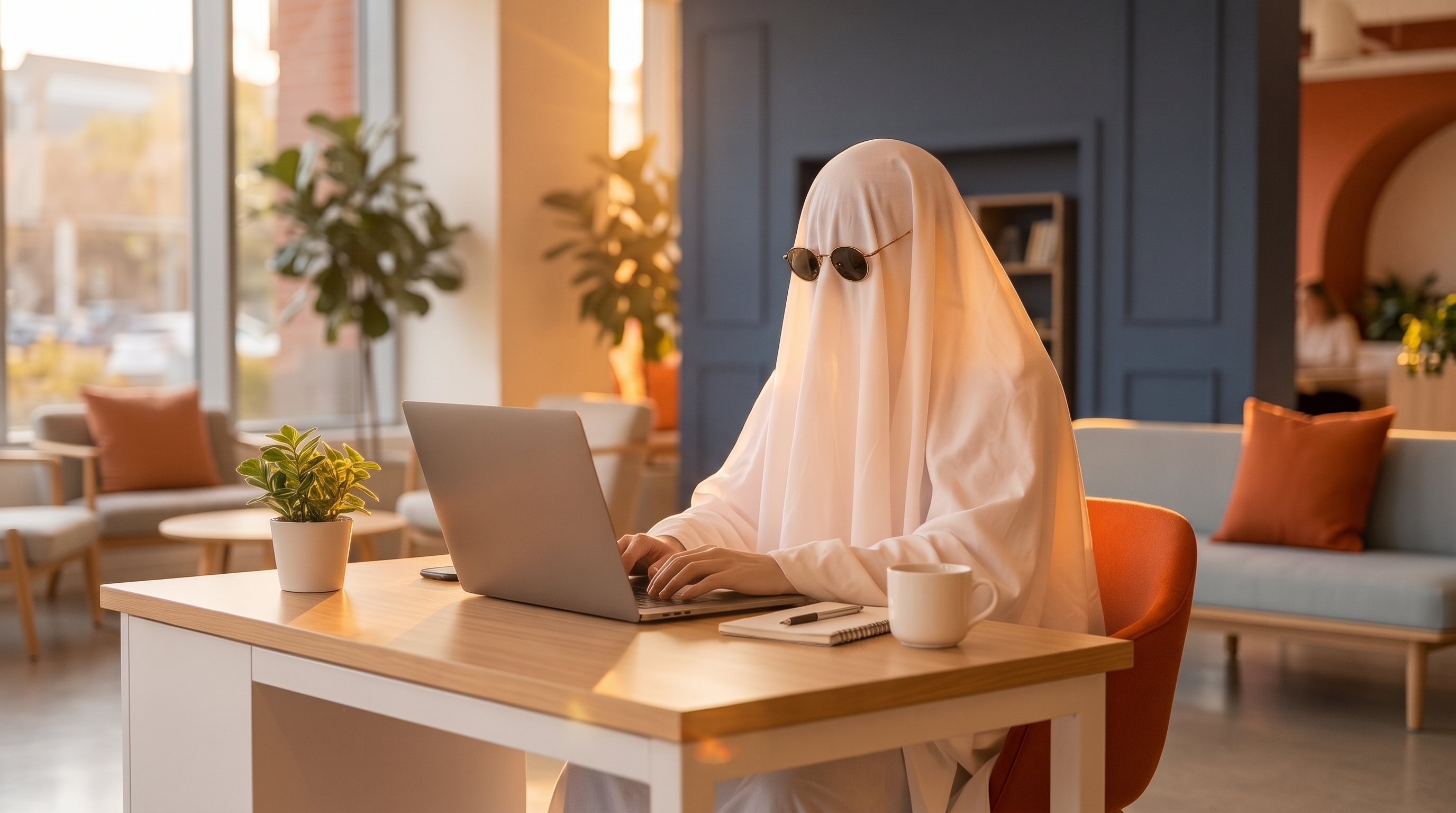 Fantasma con lentes de sol sentado frente a un computador en una oficina luminosa